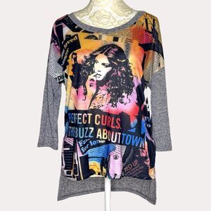 Sweet Rain Novelty Graphic Knit Top Blouse High Low Gray S bv